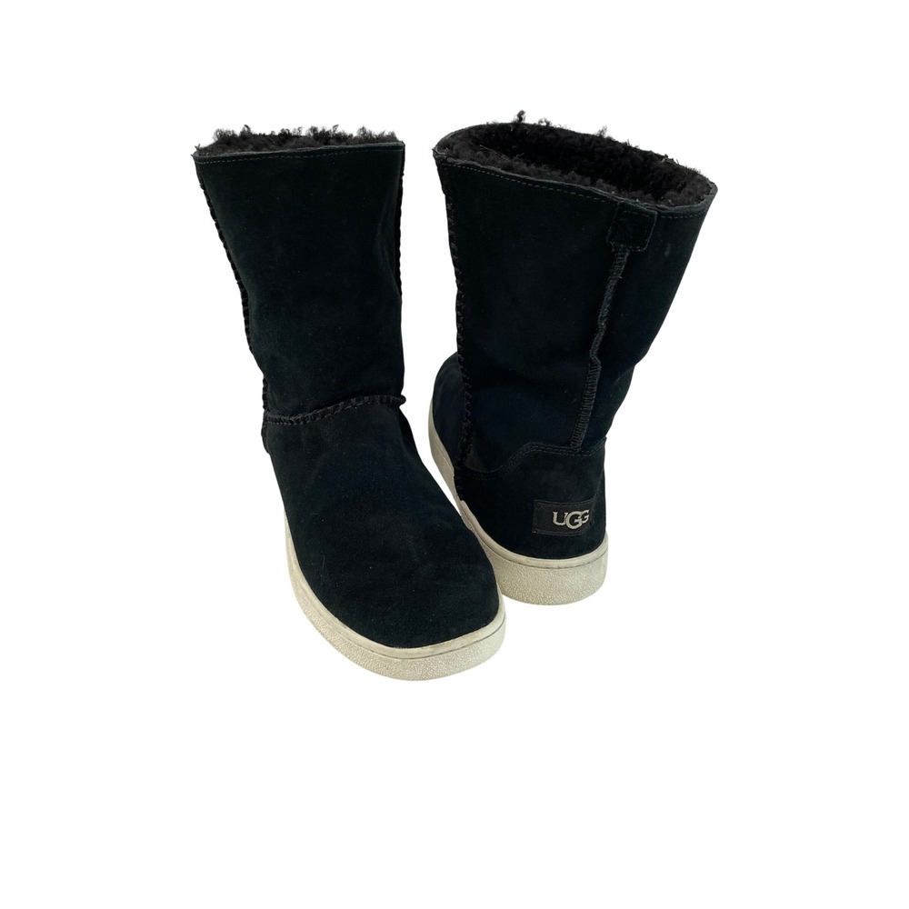 UGG 1094811 Mid Calf Boots Womens 10 Black Suede Faux Fur Lined Sneaker Sole